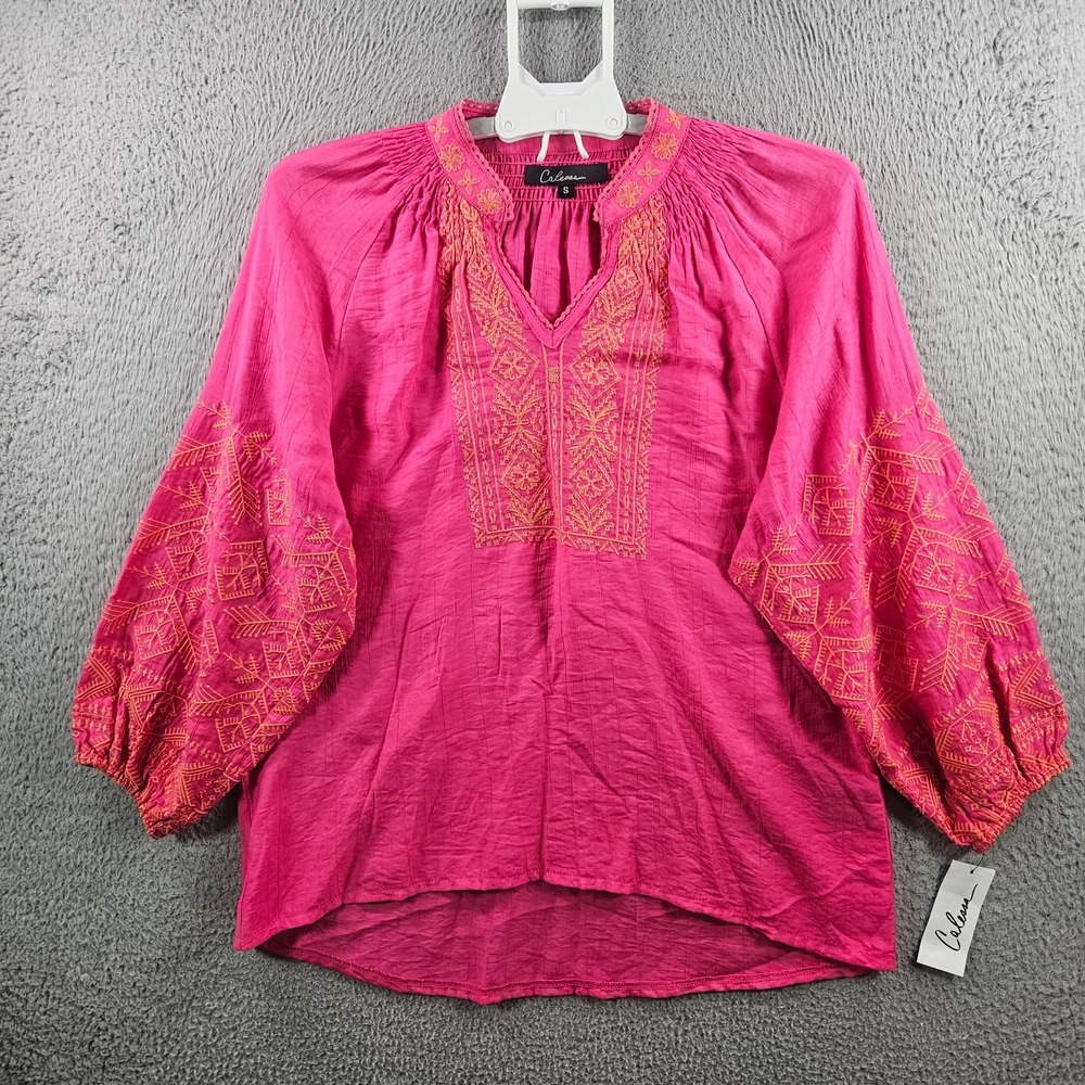 NEW Calessa Embroidered Top Blouse Women Small Split Neck Pink